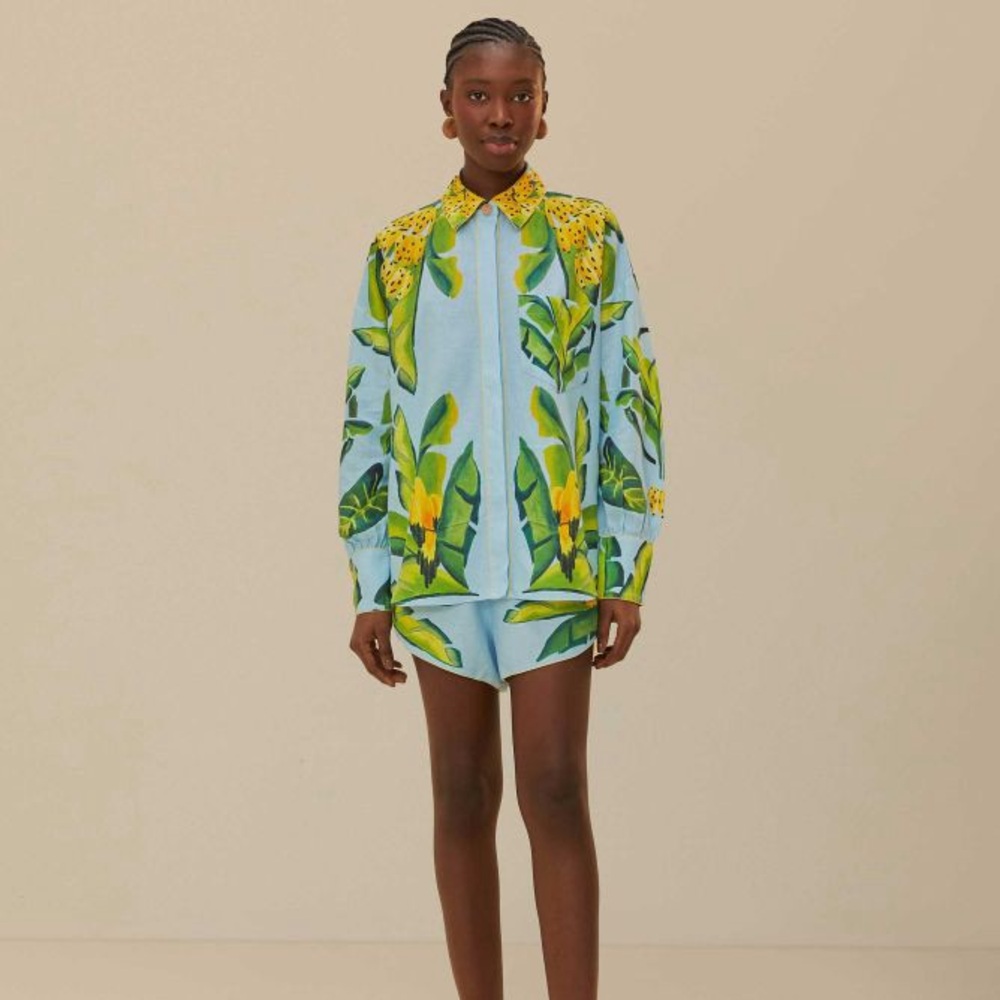 Farm Rio Blue Summer Foliage Scarf shirt